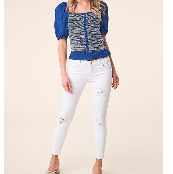 Blue Smocked Square Neck Top - Picture 4 of 5